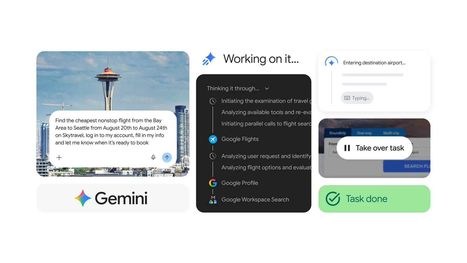 Официальный визуал Google: Gemini Spark выполняет веб-задачу в Chrome и передаёт человеку финальное действие.