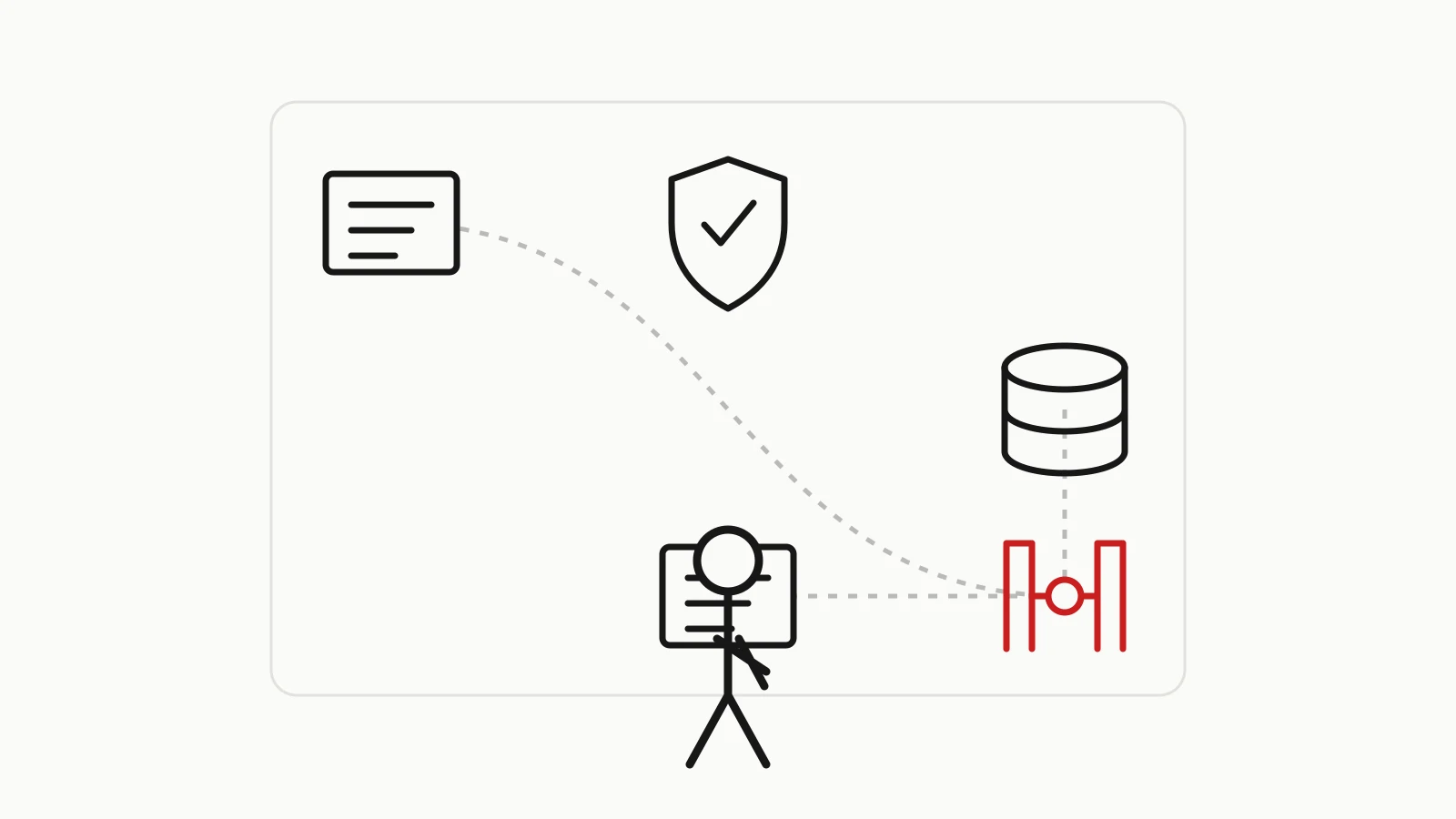 Текстless редакционная иллюстрация: редактор проверяет карточку AI-текста и карточку файла через красный шлюз проверки происхождения.